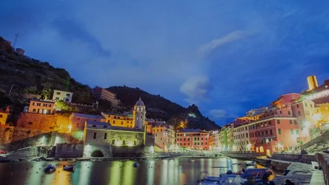 Time Lapse - Scenic Night View of Village Vernazza , Cinque Terre in Italy - 4K Stock Footage 117154743