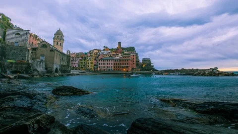 Time Lapse - Scenic Ocean View of Village Vernazza  -Cinque Terre in Italy - 4K Stock Footage 110893561