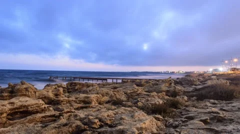 Time-lapse of sea beach sunset, with wharf, Ayia Napa Stock Footage 51402086