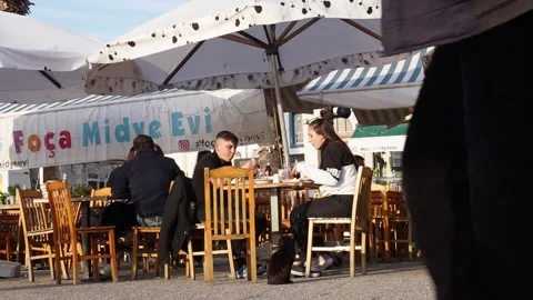 Time lapse of seaside restaurants at Old Foca harbor Izmir Turkey 29 April 2023 Stockbeeldmateriaal 332940511
