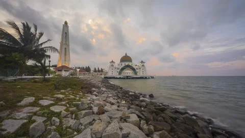 TIME LAPSE OF SELAT MALACCA MOSQUE DURING SUNRISE Stock Footage 145476333