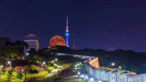 Time Lapse Seoul Tower with Full Moon in Seoul,South Korea. Stock Footage 98262987
