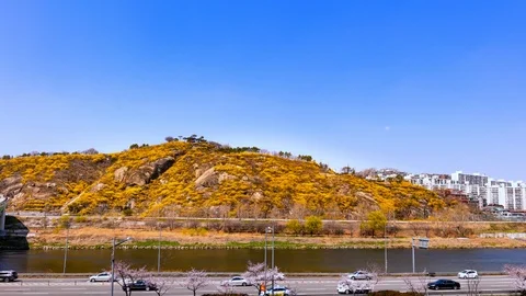 Time Lapse Seoul Train at Eungbongsan Mountain in Spring in Seoul South Korea Stock Footage 106125243