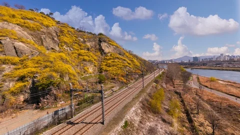 Time Lapse Seoul Train at Eungbongsan Mountain in Spring in Seoul South Korea Stock-Footage 106155896