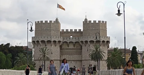 Time Lapse The Serranos Towers and Serranos Bridge in Valencia Stock Footage 80541214