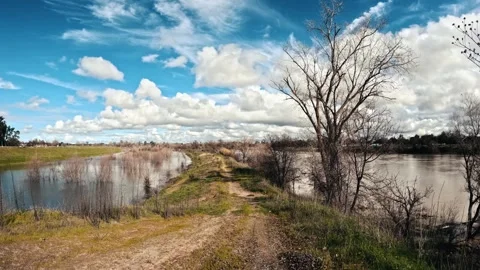 Time lapse on setback levee with flooded land Stock Footage 263853417