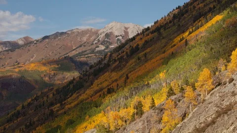 Time lapse of shadows moving across a mountain side with yellow aspen trees Stock Footage 74062425