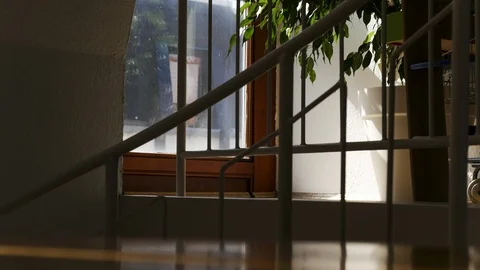Time-Lapse of Shadows Through House Window Over Potted Plant and Staircase Stock Footage 121225861
