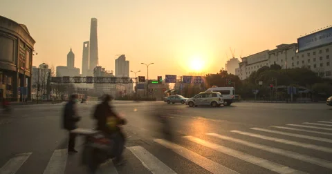 Time lapse of Shanghai street intersection sunrise - 4K UHD Vídeo Stock 48462125