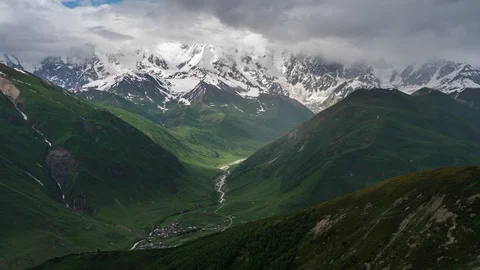 Time lapse of Shkhara mountain peak in Ushguli village, Georgia Stock Footage 129281009