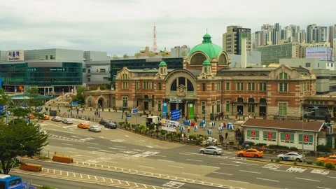 Time lapse shot - ancient building of Seoul Station in Seoul City, South Korea Stock Footage 120585096
