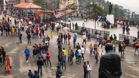Time Lapse shot - Crowd of people walking around The Ridge road, Shimla, India Stock Footage 112365419