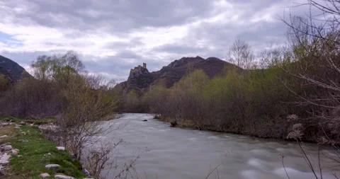 Time lapse shot of Drisi Castle situated on a mountain above the Tedzami Rive 스톡 동영상 185677494