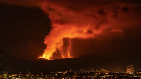 Time lapse shot of exploding Geldingadalir Volcano with flowing lava and Stock Footage 162531265