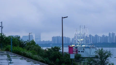 Time lapse shot of Han River view with Lotte Tower at twilight time Stock Footage 123262583