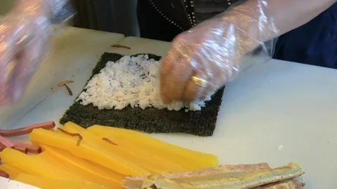 Time lapse shot of making Korean style sushi roll, Gimbap, Kimbap, HD Stock Footage 97549762