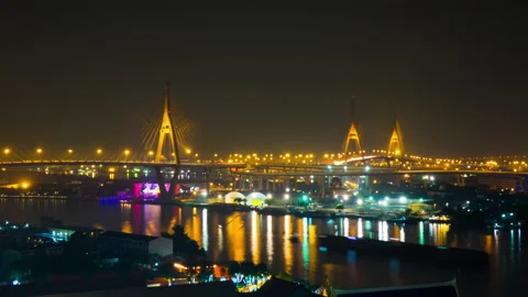 Time Lapse shot of Night view at Chao Praya River in Bangkok, Thailand Stock Footage 141894162