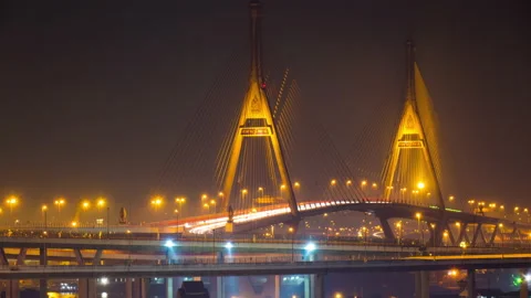 Time Lapse shot of night view at Bhumibol Bridge in Bangkok, Thailand Stock Footage 141894319