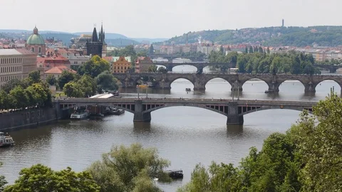 Time lapse shot of Prague from above. Bridges across the Vltava Stock Footage 76809077