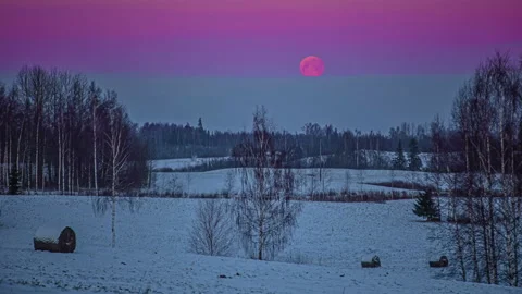 Time lapse shot of purple full moon rising at sky at night during snowy Stock Footage 230237737