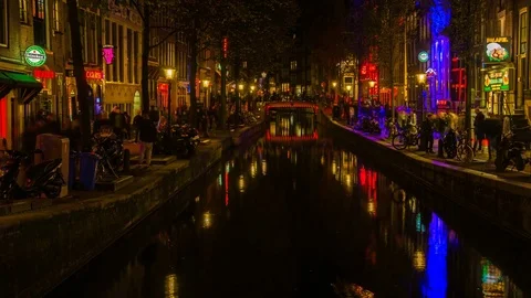 Time-lapse shot of the red light district, amsterdam at night Stock Footage 82555326