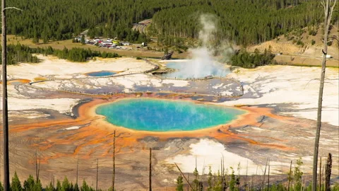 Time Lapse Shot Of Tourists Exploring Natural Hot Springs On Sunny Day During Stock Footage 160327415