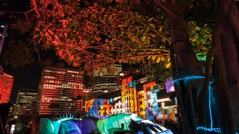 Time lapse shot within city buildings, night, lights flashing Stock Footage 99292448