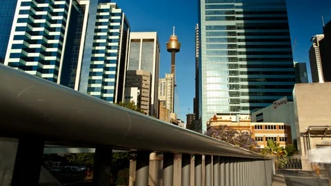 Time lapse shot within city, train passing, day Stock Footage 101789481