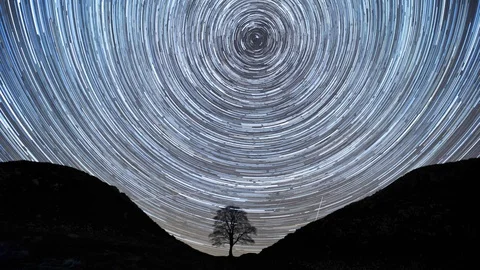 A time lapse showing star trails above the Sycamore Gap, Northumberland, England Stock Footage 90949458