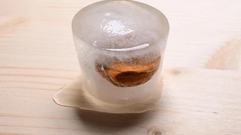 Time-lapse that shows how ice cubes melt with a nut inside Stock Footage 115113250