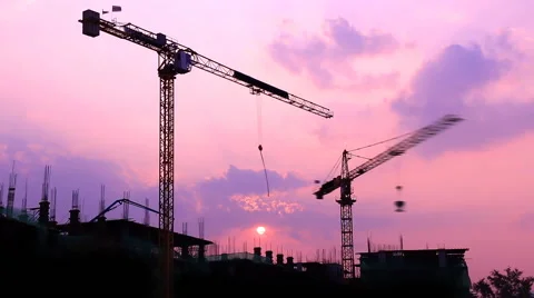 Time Lapse Silhouette Crane Working In Construction Site and Sunset Vidéo 48568648