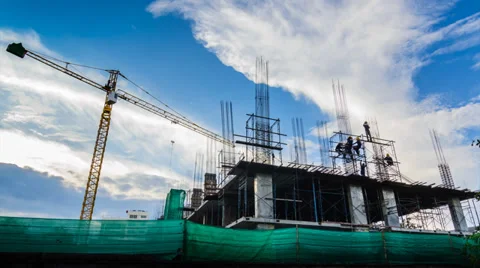 Time lapse silhouette labor working in construction site Stock Footage 32185406