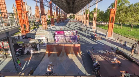 Time lapse of a skate park set into a former factory 스톡 동영상 58632258