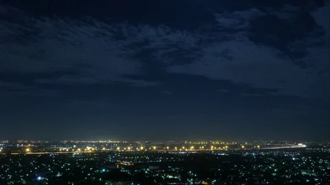 Time-lapse Skyline Aerial View with highway road traffic in night time. Stock Footage 83214540