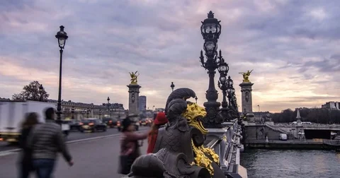 Time lapse sliding view of the Alexandre III bridge in Paris at sunset Stock Footage 71158830