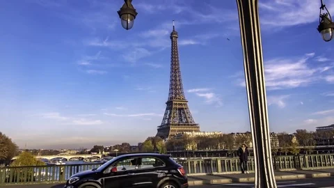 Time lapse sliding view of the Eiffel tower and the river Seine in Paris, France Stock Footage 70796722