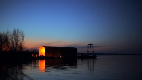 Time lapse of Small industrial pier at river after sunset, beautiful water Stock Footage 89403308