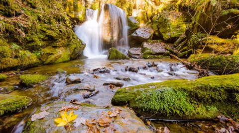 Time Lapse - Small river in fall with a waterfall in the background 스톡 동영상 58653128