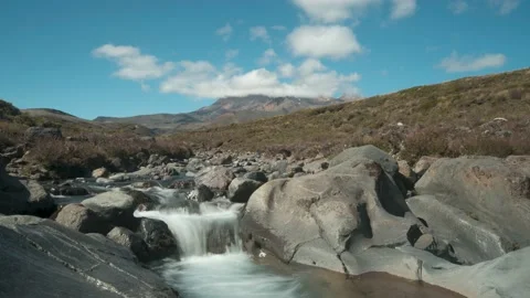 Time lapse of small waterfall on a stream. Mount Ruapehu in the background. Stock Footage