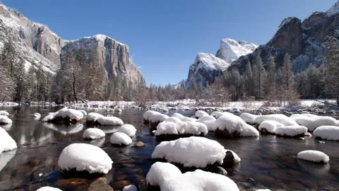 Time lapse of a snow covered Merced river in Yosemite Valley on a sunny morning Stock Footage 145380773