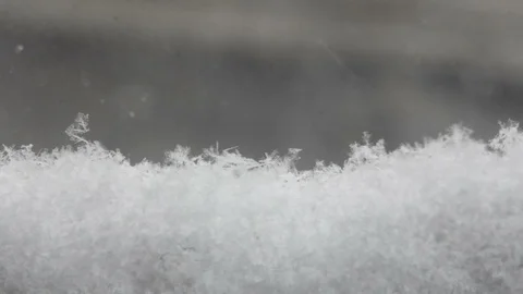 Time lapse snow falling and gathering on window snowflakes close up Stock Footage