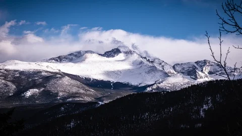 Time-Lapse of Snow Storm Blowing over Rocky Mountain National Park Stock Footage