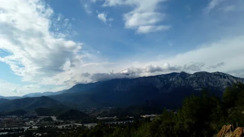 Time lapse snowy mountain, blue sunny sky with clouds and green valley panorama Stock Footage 198380457