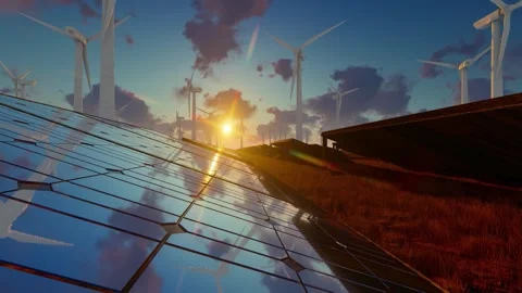 Time lapse of solar panels and sky clouds on sunset Stock Footage 264042816