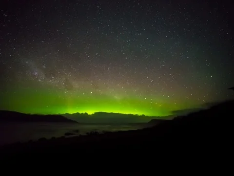 Time-lapse of Southern lights/ Aurora Australis at Cloudy Bay, Tasmania Stock Footage 81097242
