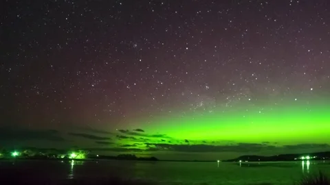Time-lapse of Southern lights/ Aurora Australis over Cremorne Tasmania Stock Footage 81506185