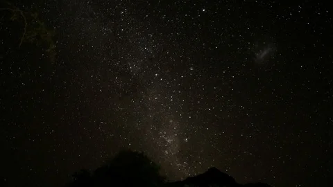 Time lapse of spinning starlit sky, filmed in Namibia. Tree tops visible Stock Footage 100804143