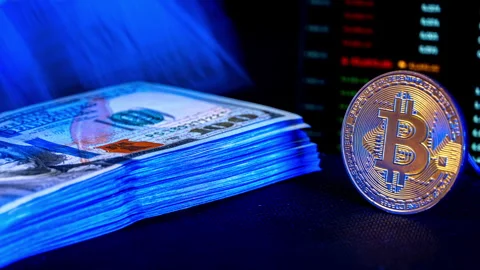 Time Lapse of Stack of Dollar Growing Against Background of Cryptocurrency Chart Stock Footage 263241276