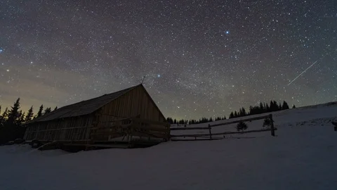Time-lapse. Star circles over wooden house in the winter forest 4k Video stock 123696533