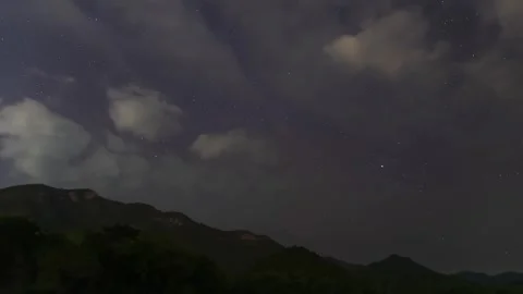 A Time Lapse of starry and mostly cloudy in night sky with a mountain. Stock Footage 251190692